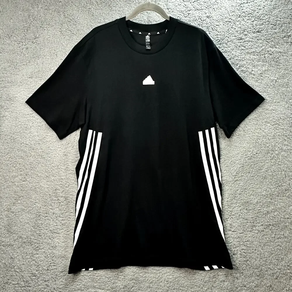 Adidas NWT Men's‎ Large Black Short Sleeve Shirt White Logo Stripes Long Active